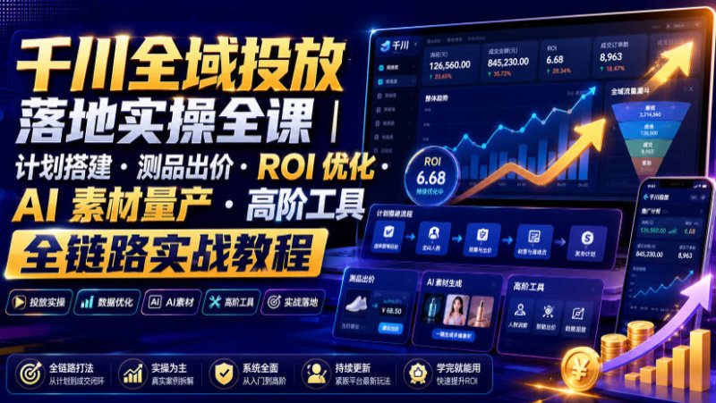 千川全域投放落地实操全课|计划搭建・测品出价・ROI优化・AI素材量产・高阶工具全链路实战教程网创-网赚-电商-tk-出海-AI-抖音-快手-小红书-视频号-玩法-创业-小程序-公众号-私域-s粉网创智库