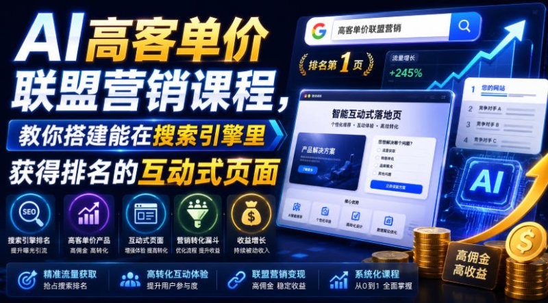 AI高客单价联盟营销课程,教你搭建能在搜索引擎里获得排名的互动式页面,引来流量,把访客转化为高佣金的成交【原创双语字幕】网创-网赚-电商-tk-出海-AI-抖音-快手-小红书-视频号-玩法-创业-小程序-公众号-私域-s粉网创智库