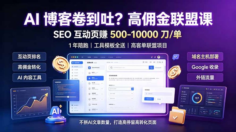 AI 博客卷到吐?高佣金联盟课:SEO 互动页赚 500-10000 刀 单,1 年陪跑 + 工具模板全送网创-网赚-电商-tk-出海-AI-抖音-快手-小红书-视频号-玩法-创业-小程序-公众号-私域-s粉网创智库