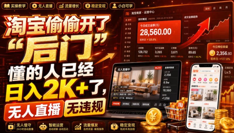 淘宝偷偷开了“后门”，懂的人已经日入2K+了，无人直播无违规，一台电脑=一家24小时营业的线上门店【揭秘】网创-网赚-电商-tk-出海-AI-抖音-快手-小红书-视频号-玩法-创业-小程序-公众号-私域-s粉网创智库