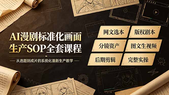 AI漫剧标准化画面生产SOP全套课程-更新，网文选本版权剧本分镜资产全覆盖，图文生视频后期剪辑完整实操教学网创-网赚-电商-tk-出海-AI-抖音-快手-小红书-视频号-玩法-创业-小程序-公众号-私域-s粉网创智库