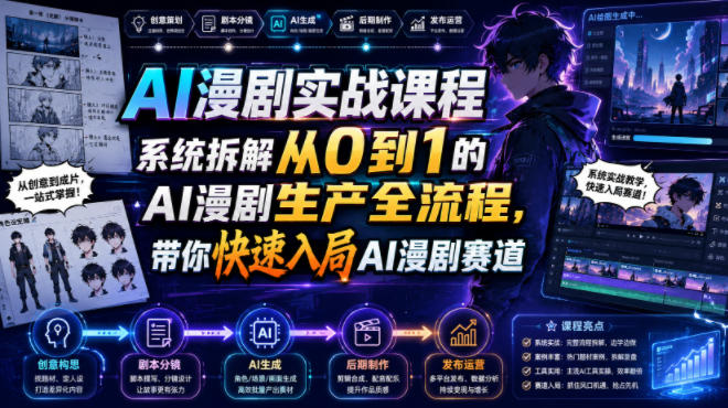 AI漫剧实战课程，系统拆解从0到1的AI漫剧生产全流程，带你快速入局AI漫剧赛道网创-网赚-电商-tk-出海-AI-抖音-快手-小红书-视频号-玩法-创业-小程序-公众号-私域-s粉网创智库