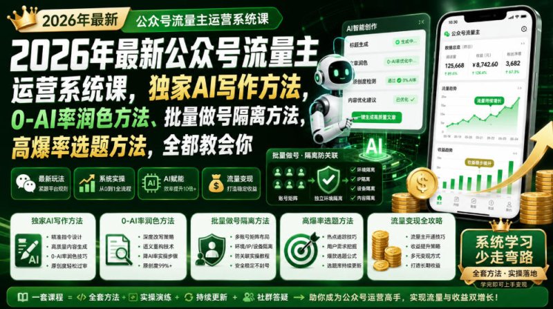 2026年最新公众号流量主运营系统课，独家AI写作方法，0-AI率润色方法、批量做号隔离方法、高爆率选题方法，全都教会你网创-网赚-电商-tk-出海-AI-抖音-快手-小红书-视频号-玩法-创业-小程序-公众号-私域-s粉网创智库