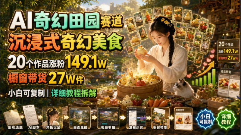 AI奇幻田园赛道，沉浸式奇幻美食，20个作品涨粉149.1W，橱窗带货27W件，小白可复制，详细教程拆解网创-网赚-电商-tk-出海-AI-抖音-快手-小红书-视频号-玩法-创业-小程序-公众号-私域-s粉网创智库