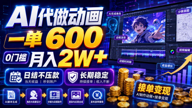 AI代做动画，一单600，0门槛月入2W+，日结不压款，长期稳定【揭秘】网创-网赚-电商-tk-出海-AI-抖音-快手-小红书-视频号-玩法-创业-小程序-公众号-私域-s粉网创智库