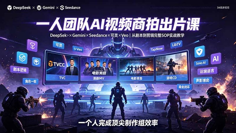 一人团队AI视频商拍出片课：DeepSeek×Gemini×Seedance×可灵×Veo，从剧本到剪辑完整SOP实战教学网创-网赚-电商-tk-出海-AI-抖音-快手-小红书-视频号-玩法-创业-小程序-公众号-私域-s粉网创智库