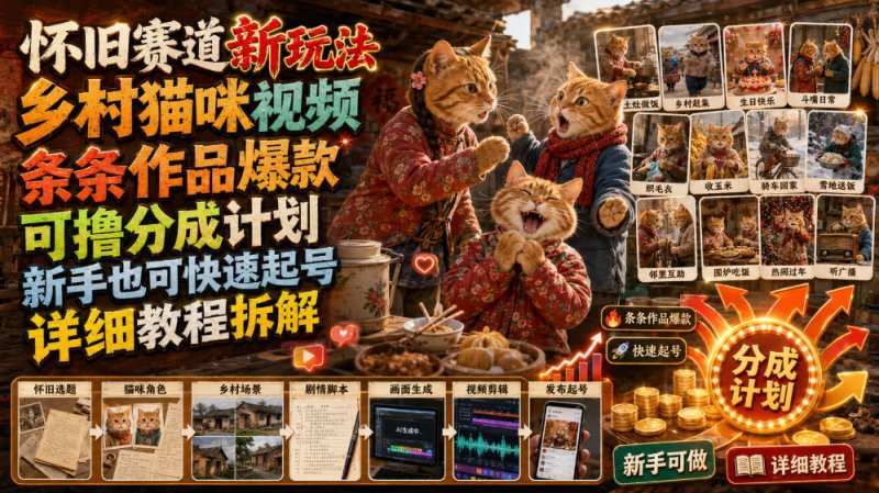 怀旧赛道新玩法,乡村猫咪视频,条条作品爆款,可撸分成计划,新手也可快速起号,详细教程拆解网创-网赚-电商-tk-出海-AI-抖音-快手-小红书-视频号-玩法-创业-小程序-公众号-私域-s粉网创智库