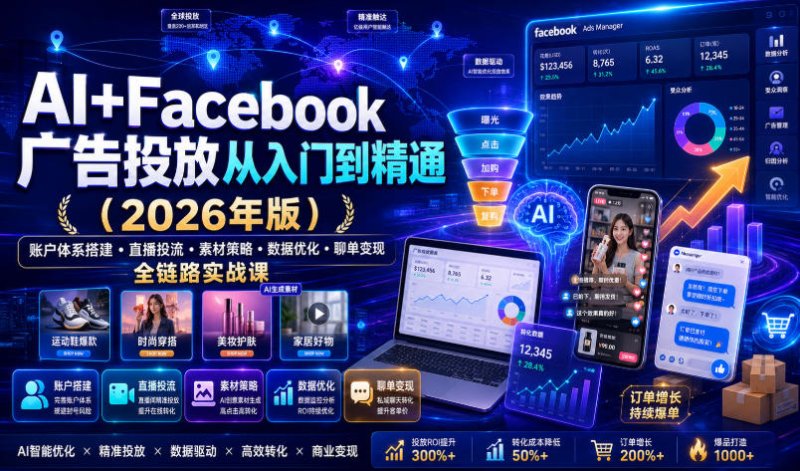 AI+Facebook广告投放从入门到精通(2026年版)|账户体系搭建・直播投流・素材策略・数据优化・聊单变现全链路实战课网创-网赚-电商-tk-出海-AI-抖音-快手-小红书-视频号-玩法-创业-小程序-公众号-私域-s粉网创智库