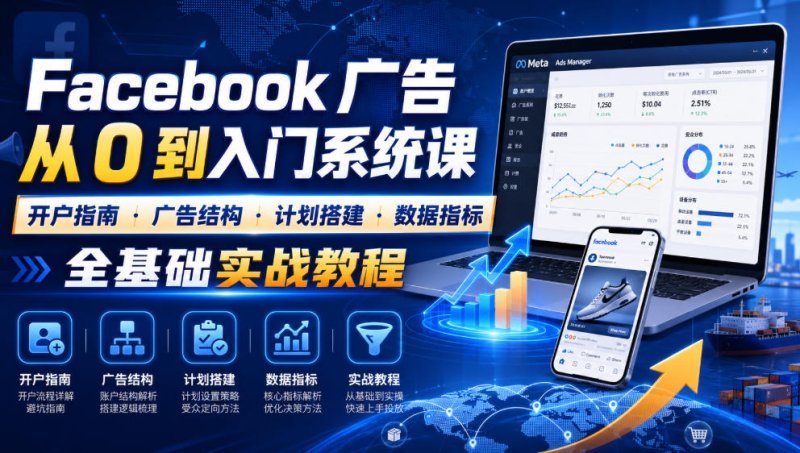 Facebook广告新手从0到入门系统课|开户指南・广告结构・计划搭建・数据指标全基础实战教程网创-网赚-电商-tk-出海-AI-抖音-快手-小红书-视频号-玩法-创业-小程序-公众号-私域-s粉网创智库