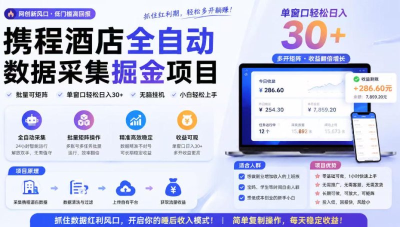携程酒店全自动采集项目，全程自动浏览，可批量矩阵放大，单机日收300+【揭秘】网创-网赚-电商-tk-出海-AI-抖音-快手-小红书-视频号-玩法-创业-小程序-公众号-私域-s粉网创智库