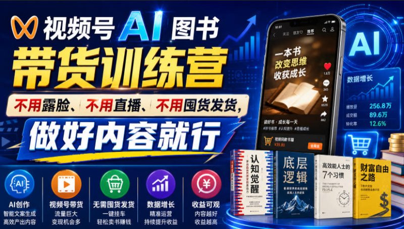 视频号AI图书带货训练营,不用露脸、不用直播、不用囤货发货,做好内容就行,一条爆款视频佣金8942网创-网赚-电商-tk-出海-AI-抖音-快手-小红书-视频号-玩法-创业-小程序-公众号-私域-s粉网创智库