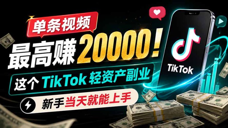 单条视频最高赚 20000!这个 TikTok 轻资产副业,新手当天就能上手网创-网赚-电商-tk-出海-AI-抖音-快手-小红书-视频号-玩法-创业-小程序-公众号-私域-s粉网创智库
