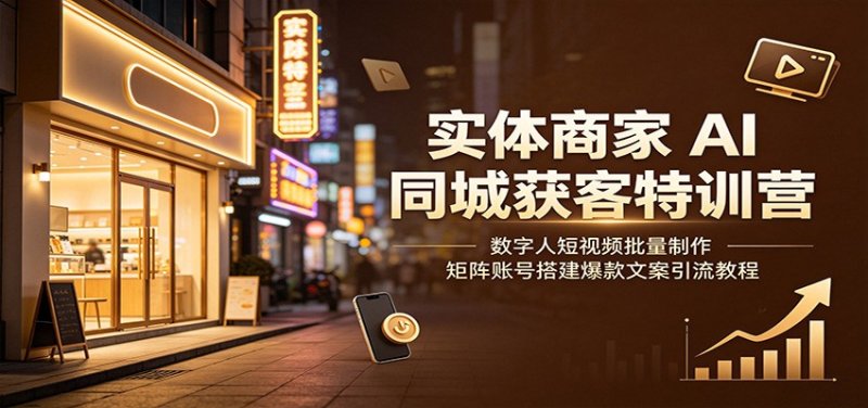 实体商家AI同城获客特训营:数字人短视频批量制作,矩阵账号搭建爆款文案引流教程网创-网赚-电商-tk-出海-AI-抖音-快手-小红书-视频号-玩法-创业-小程序-公众号-私域-s粉网创智库