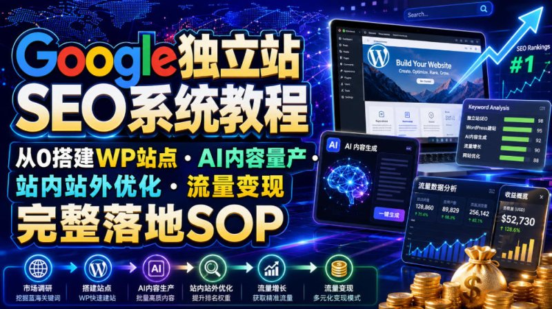 Google独立站SEO系统教程,从0搭建WP站点・AI内容量产・站内站外优化・流量变现完整落地SOP(2026年7月)网创-网赚-电商-tk-出海-AI-抖音-快手-小红书-视频号-玩法-创业-小程序-公众号-私域-s粉网创智库