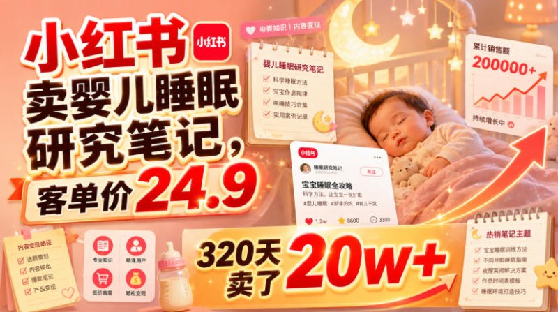小红书卖婴儿睡眠研究笔记,客单价24.9,320天卖了20w+网创-网赚-电商-tk-出海-AI-抖音-快手-小红书-视频号-玩法-创业-小程序-公众号-私域-s粉网创智库