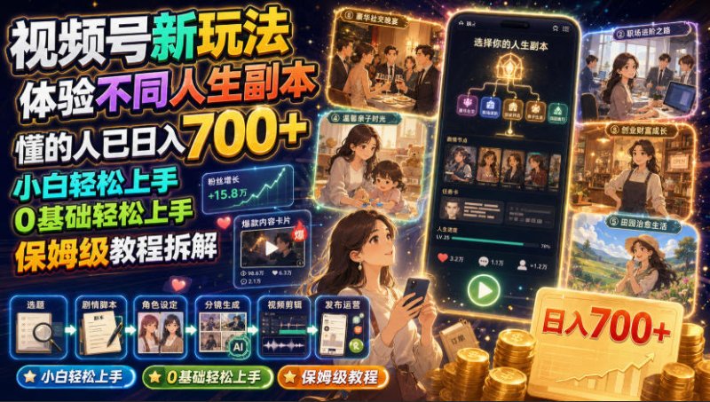 视频号新玩法体验不同人生副本,懂的人已日入700+,小白轻松上手,0基础轻松上手,保姆级教程拆解网创-网赚-电商-tk-出海-AI-抖音-快手-小红书-视频号-玩法-创业-小程序-公众号-私域-s粉网创智库