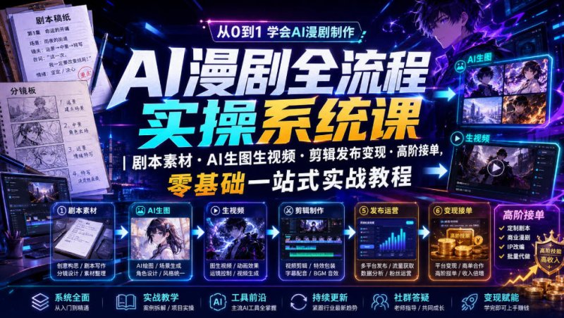AI漫剧全流程实操系统课|剧本素材・AI生图生视频・剪辑发布变现・高阶接单,零基础一站式实战教程网创-网赚-电商-tk-出海-AI-抖音-快手-小红书-视频号-玩法-创业-小程序-公众号-私域-s粉网创智库