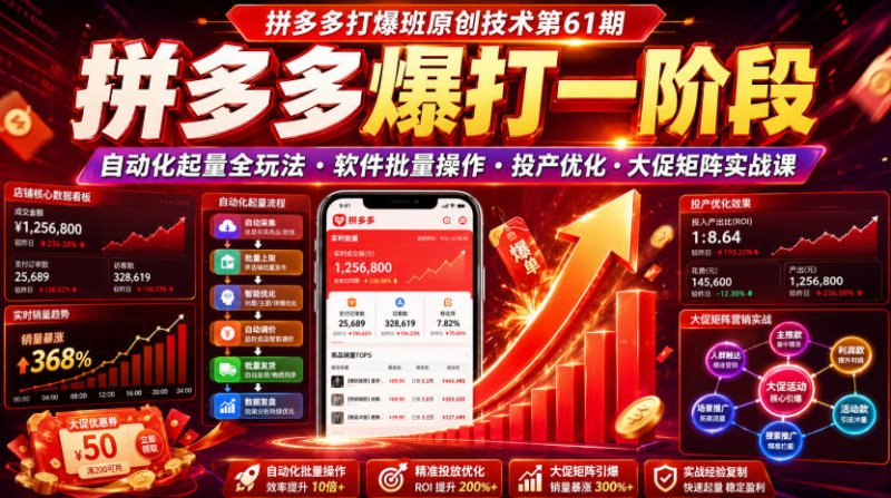 拼多多打爆班原创技术第61期,拼多多爆打一阶段,自动化起量全玩法・软件批量操作・投产优化・大促矩阵实战课网创-网赚-电商-tk-出海-AI-抖音-快手-小红书-视频号-玩法-创业-小程序-公众号-私域-s粉网创智库