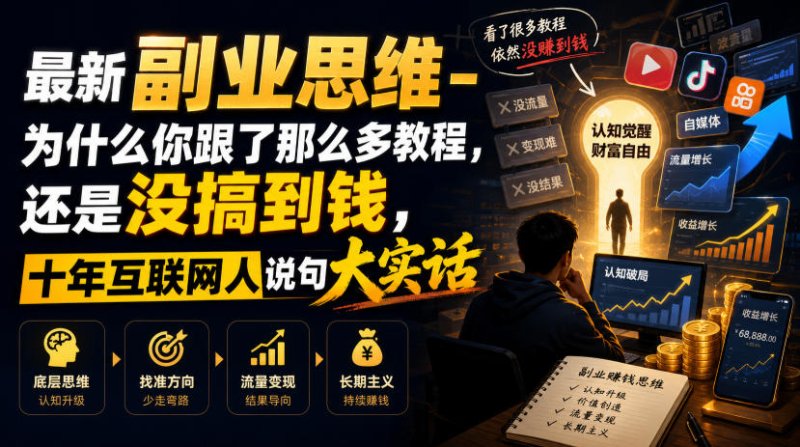 最新副业思维-为什么你跟了那么多教程,还是没搞到钱,十年互联网人说句大实话【揭秘】网创-网赚-电商-tk-出海-AI-抖音-快手-小红书-视频号-玩法-创业-小程序-公众号-私域-s粉网创智库