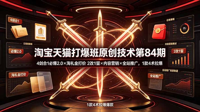 淘宝天猫打爆班原创技术第84期：4剑合1必爆2.0×淘礼金打价×2改1留×内容营销×全站推广，1款4术拉爆网创-网赚-电商-tk-出海-AI-抖音-快手-小红书-视频号-玩法-创业-小程序-公众号-私域-s粉网创智库