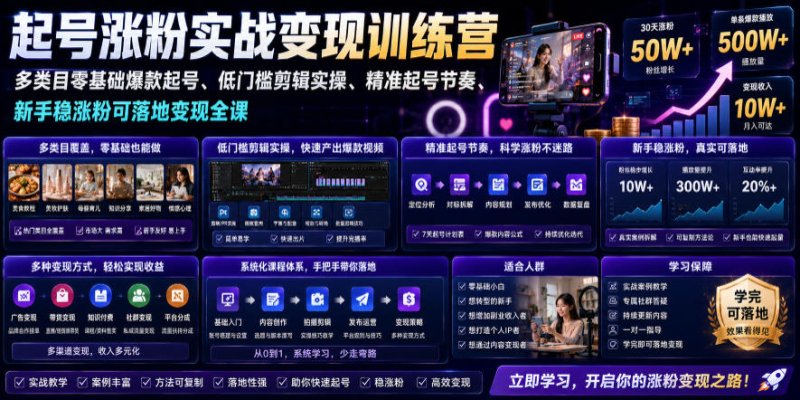 苗子起号涨粉实战变现训练营，多类目零基础爆款起号、精准起号节奏、新手稳涨粉可落地变现全课(更新0719)网创-网赚-电商-tk-出海-AI-抖音-快手-小红书-视频号-玩法-创业-小程序-公众号-私域-s粉网创智库