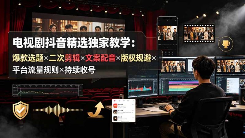 电视剧抖音精选独家教学：爆款选题×二次剪辑×文案配音×版权规避×平台流量规则×持续收益账号网创-网赚-电商-tk-出海-AI-抖音-快手-小红书-视频号-玩法-创业-小程序-公众号-私域-s粉网创智库