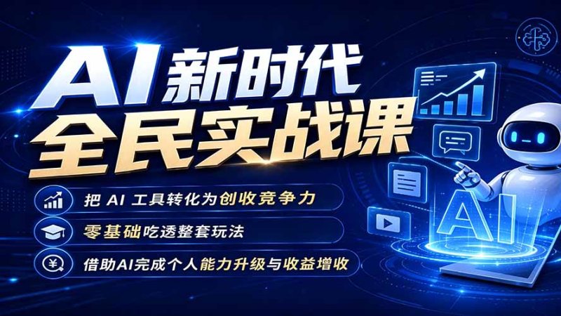 AI新时代全民实战课，把 AI 工具转化为创收竞争力，零基础吃透整套玩法，借助AI完成个人能力升级与收益增收。网创-网赚-电商-tk-出海-AI-抖音-快手-小红书-视频号-玩法-创业-小程序-公众号-私域-s粉网创智库