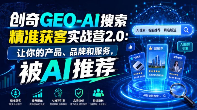 创奇GEO-AI搜索精准获客实战营2.0:让你的产品、品牌和服务,被AI推荐网创-网赚-电商-tk-出海-AI-抖音-快手-小红书-视频号-玩法-创业-小程序-公众号-私域-s粉网创智库