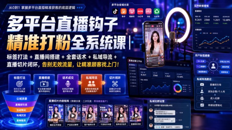 多平台直播钩子精准打粉全系统课|标签打法+直播间搭建+全套话术+私域导流+直播切片闭环,告别无效流量,让精准顾客找上门!网创-网赚-电商-tk-出海-AI-抖音-快手-小红书-视频号-玩法-创业-小程序-公众号-私域-s粉网创智库