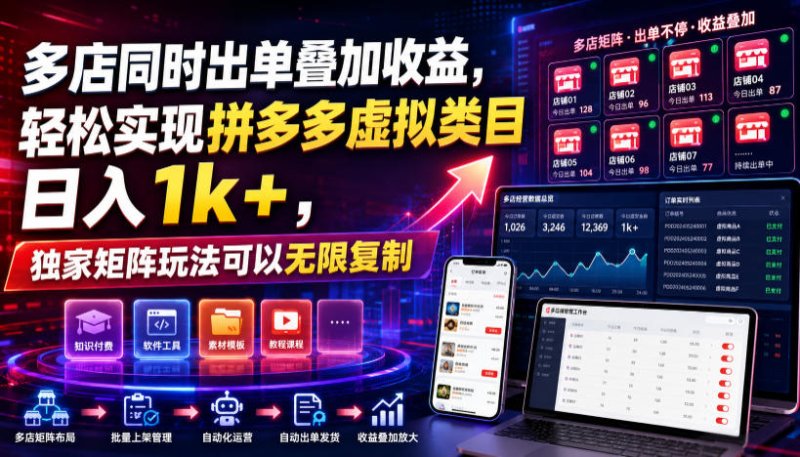 多店同时出单叠加收益,轻松实现拼多多虚拟类目日入1k+,独家矩阵玩法可以无限复制【揭秘】网创-网赚-电商-tk-出海-AI-抖音-快手-小红书-视频号-玩法-创业-小程序-公众号-私域-s粉网创智库