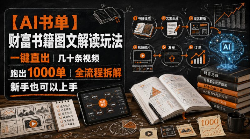 【AI书单】财富书籍图文解读玩法，一键直出，几十条视频，跑出1000单，全流程拆解，新手也可以上手网创-网赚-电商-tk-出海-AI-抖音-快手-小红书-视频号-玩法-创业-小程序-公众号-私域-s粉网创智库