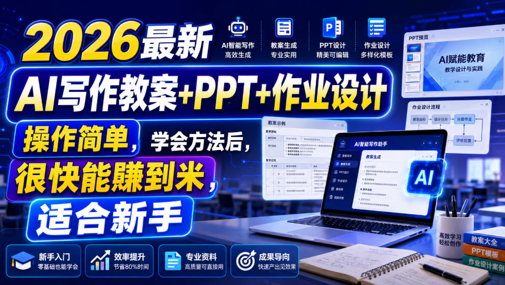 2026最新AI写作教案+PPT+作业设计，操作简单，学会方法后，很快能賺到米，适合新手 - 网创智库网创-网赚-电商-tk-出海-AI-抖音-快手-小红书-视频号-玩法-创业-小程序-公众号-私域-s粉网创智库