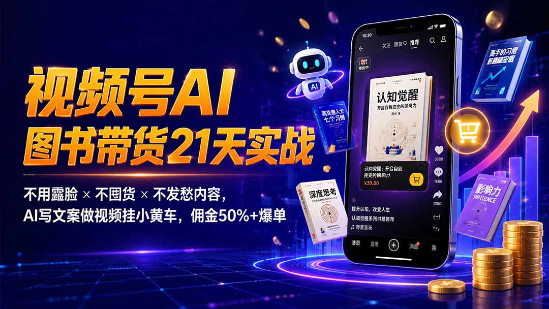 繁花视频号AI图书带货21天实战：不用露脸×不囤货×不发愁内容，AI写文案做视频挂小黄车，佣金50%+爆单 - 网创智库网创-网赚-电商-tk-出海-AI-抖音-快手-小红书-视频号-玩法-创业-小程序-公众号-私域-s粉网创智库