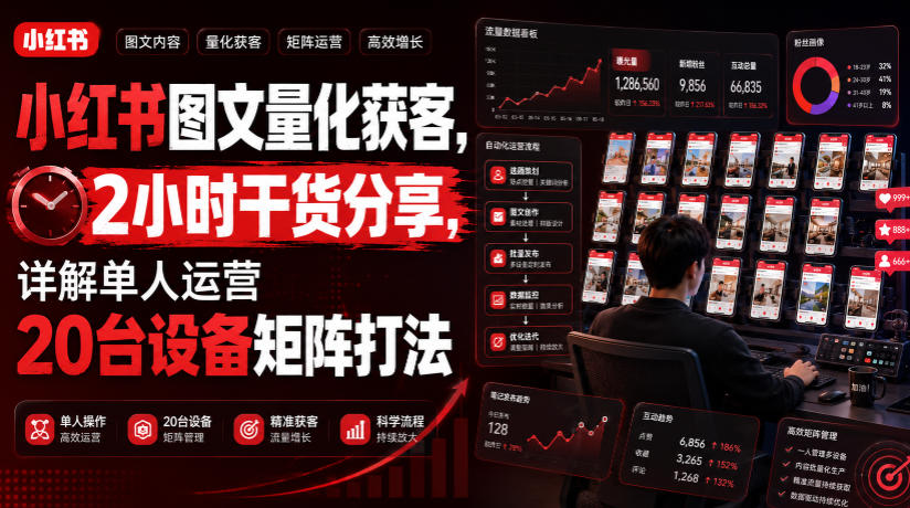 小红书图文量化获客，2小时干货分享，详解单人运营20台设备矩阵打法 - 网创智库网创-网赚-电商-tk-出海-AI-抖音-快手-小红书-视频号-玩法-创业-小程序-公众号-私域-s粉网创智库