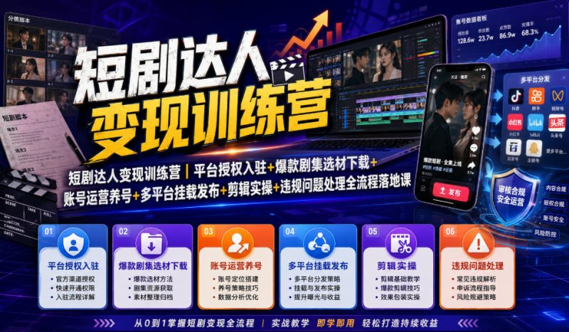 短剧达人变现训练营｜平台授权入驻+爆款剧集选材下载+账号运营养号+多平台挂载发布+剪辑实操+违规问题处理全流程落地课网创-网赚-电商-tk-出海-AI-抖音-快手-小红书-视频号-玩法-创业-小程序-公众号-私域-s粉网创智库