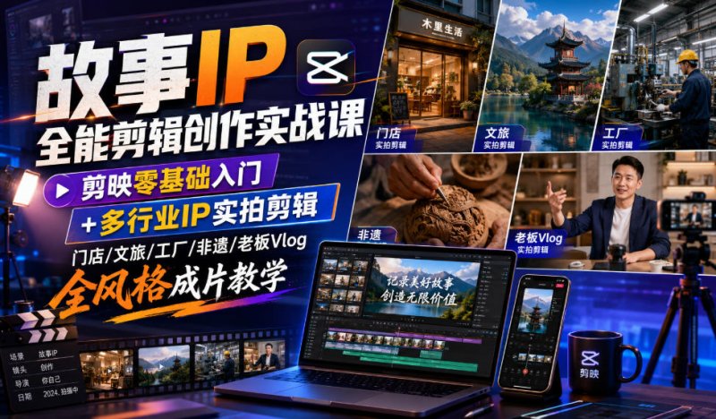 故事IP全能剪辑创作实战课｜剪映零基础入门+多行业IP实拍剪辑，门店/文旅/工厂/非遗/老板Vlog全风格成片教学网创-网赚-电商-tk-出海-AI-抖音-快手-小红书-视频号-玩法-创业-小程序-公众号-私域-s粉网创智库