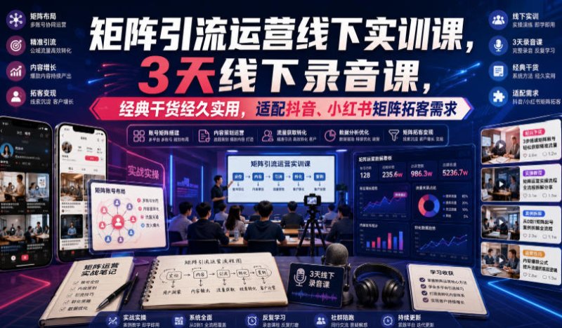 嗨推矩阵引流运营线下实训课，3天线下录音课，经典干货经久实用，适配抖音、小红书矩阵拓客需求网创-网赚-电商-tk-出海-AI-抖音-快手-小红书-视频号-玩法-创业-小程序-公众号-私域-s粉网创智库