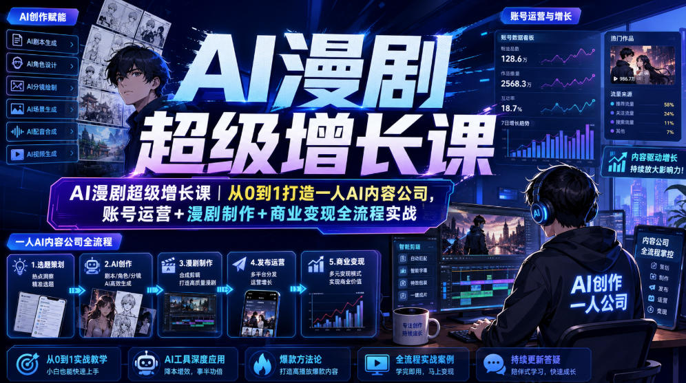 AI漫剧超级增长课｜从0到1打造一人AI内容公司，账号运营+漫剧制作+商业变现全流程实战 - 网创智库网创-网赚-电商-tk-出海-AI-抖音-快手-小红书-视频号-玩法-创业-小程序-公众号-私域-s粉网创智库