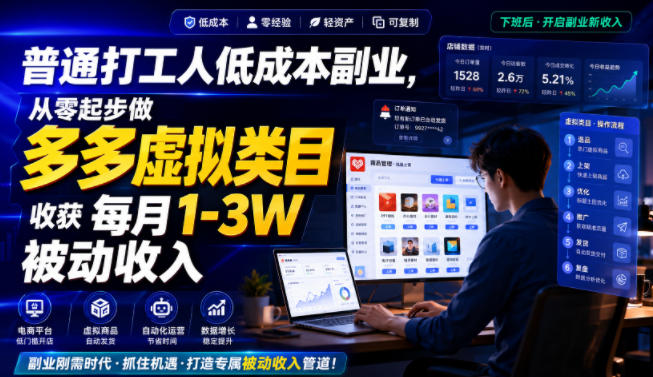普通打工人低成本副业，从零起步做多多虚拟类目，收获每月1-3W被动收入【揭秘】 - 网创智库网创-网赚-电商-tk-出海-AI-抖音-快手-小红书-视频号-玩法-创业-小程序-公众号-私域-s粉网创智库