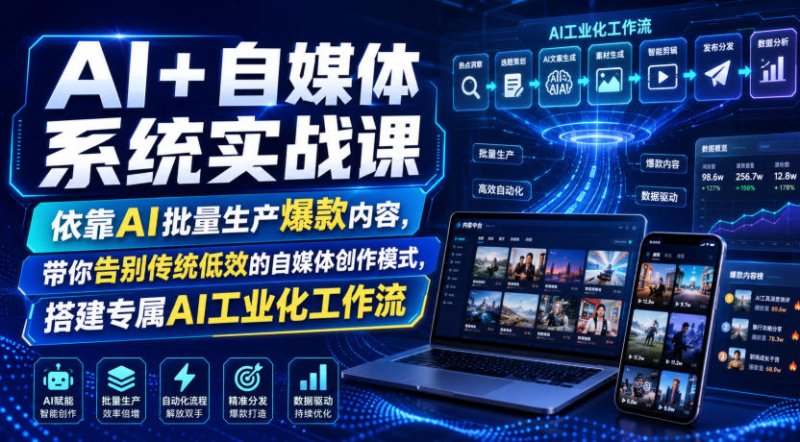 AI+自媒体系统实战课，依靠AI批量生产爆款内容，带你告别传统低效的自媒体创作模式，搭建专属AI工业化工作流网创-网赚-电商-tk-出海-AI-抖音-快手-小红书-视频号-玩法-创业-小程序-公众号-私域-s粉网创智库