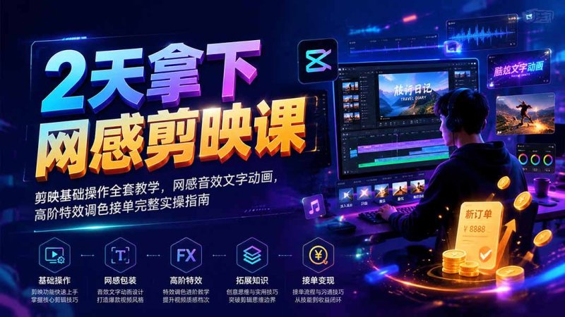 2天拿下网感剪辑课｜剪映基础操作全套教学，网感音效文字动画，高阶特效调色接单完整实操指南网创-网赚-电商-tk-出海-AI-抖音-快手-小红书-视频号-玩法-创业-小程序-公众号-私域-s粉网创智库