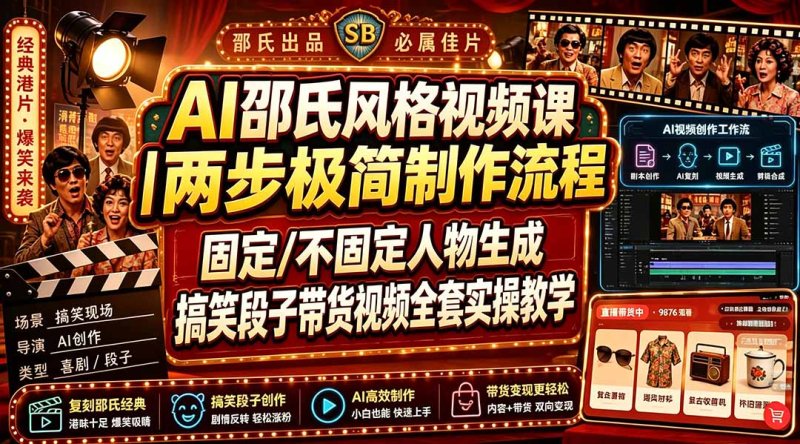 AI邵氏风格视频课｜两步极简制作流程，固定/不固定人物生成，搞笑段子带货视频全套实操教学网创-网赚-电商-tk-出海-AI-抖音-快手-小红书-视频号-玩法-创业-小程序-公众号-私域-s粉网创智库