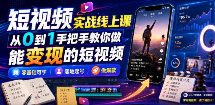 短视频实战线上课，从0到1手把手教你做能变现的短视频，零基础可学，落地起号做爆款网创-网赚-电商-tk-出海-AI-抖音-快手-小红书-视频号-玩法-创业-小程序-公众号-私域-s粉网创智库