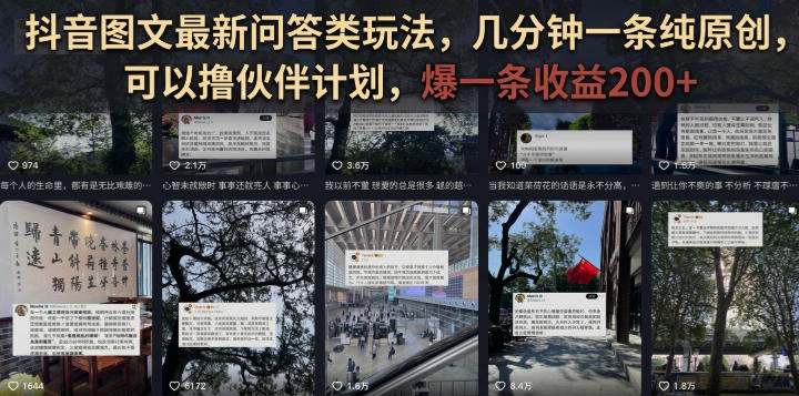 抖音图文最新问答类玩法，几分钟一条纯原创，可以撸伙伴计划，爆一条收益200+网创-网赚-电商-tk-出海-AI-抖音-快手-小红书-视频号-玩法-创业-小程序-公众号-私域-s粉网创智库