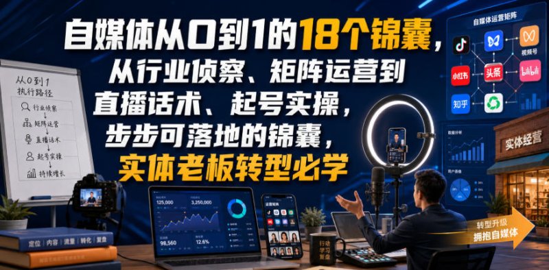 自媒体从0到1的18个锦囊,从行业侦察、矩阵运营到直播话术、起号实操,步步可落地的锦囊,实体老板转型必学网创-网赚-电商-tk-出海-AI-抖音-快手-小红书-视频号-玩法-创业-小程序-公众号-私域-s粉网创智库