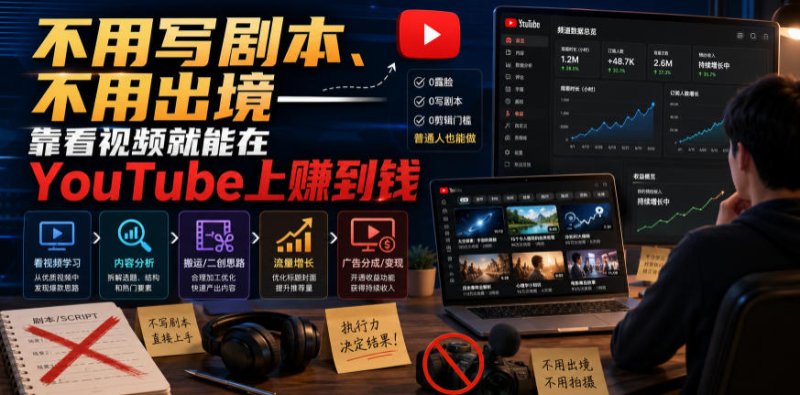 不用写剧本、不用出境——靠看视频就能在YouTube上賺到钱【原创双语字幕】网创-网赚-电商-tk-出海-AI-抖音-快手-小红书-视频号-玩法-创业-小程序-公众号-私域-s粉网创智库