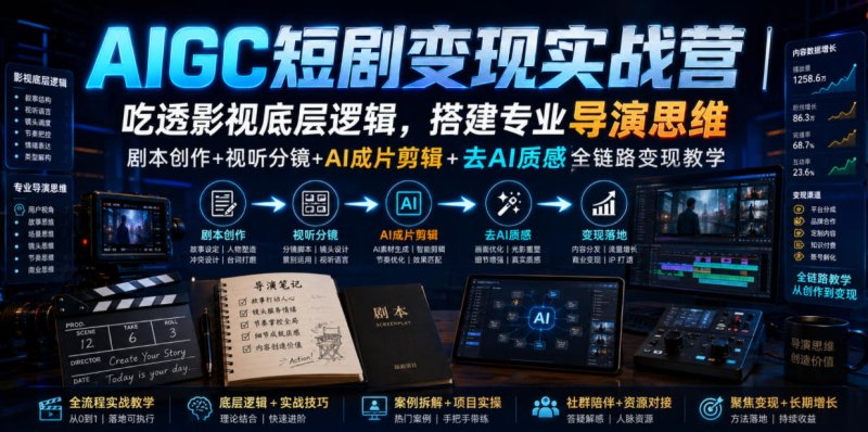 AIGC短剧变现实战营|吃透影视底层逻辑,搭建专业导演思维,剧本创作+视听分镜+AI成片剪辑+去AI质感全链路变现教学网创-网赚-电商-tk-出海-AI-抖音-快手-小红书-视频号-玩法-创业-小程序-公众号-私域-s粉网创智库