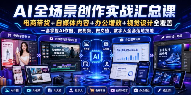 AI全场景创作实战汇总课｜电商带货+自媒体内容+办公增效+视觉设计全覆盖，一套掌握AI作图、做视频、做文档、数字人全套落地技能网创-网赚-电商-tk-出海-AI-抖音-快手-小红书-视频号-玩法-创业-小程序-公众号-私域-s粉网创智库