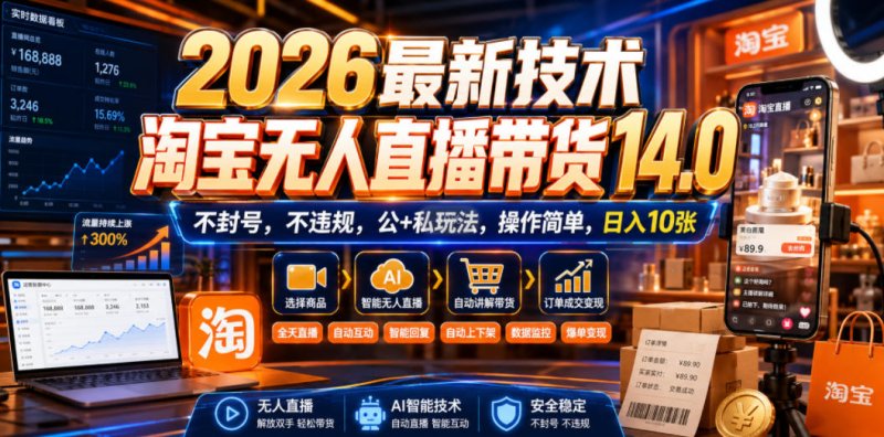 2026最新技术，淘宝无人直播带货14.0，不封号，不违规，公+私玩法，操作简单，日入10张【揭秘】网创-网赚-电商-tk-出海-AI-抖音-快手-小红书-视频号-玩法-创业-小程序-公众号-私域-s粉网创智库