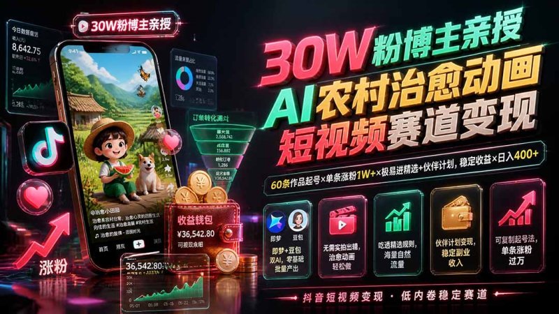 30W粉博主亲授AI农村治愈动画短视频赛道变现：60条作品起号×单条涨粉1W+×极易进精选+伙伴计划，稳定收益×日入400+网创-网赚-电商-tk-出海-AI-抖音-快手-小红书-视频号-玩法-创业-小程序-公众号-私域-s粉网创智库
